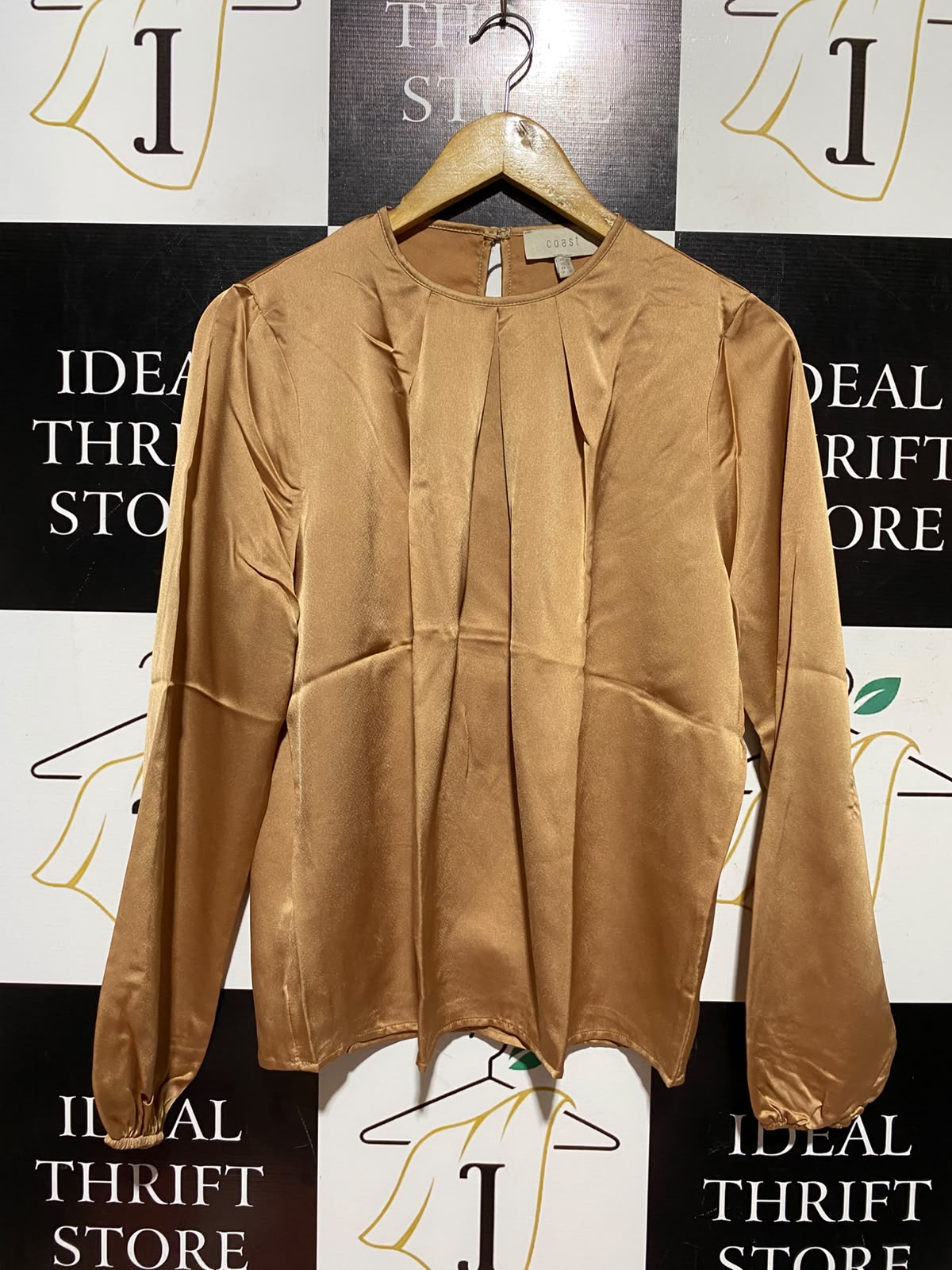 COAST |M| BUST 20| A3| ROSEGOLDE BRONZE SATIN PLEATED FRONT LONG SLEEVE BLOUSE