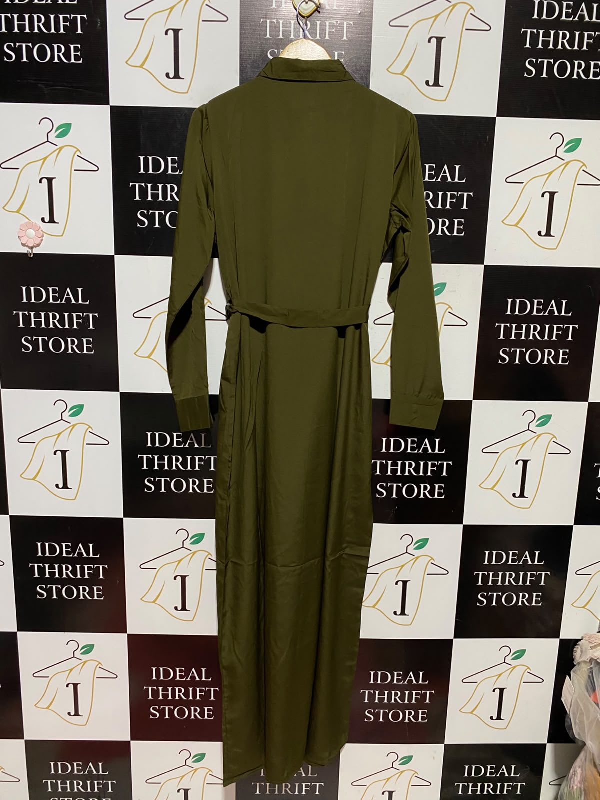 BOOHOO |L| BUST 21| A3| OLIVE GREEN SATIN UTILITY BUTTON-FRONT MAXI SHIRT DRESS