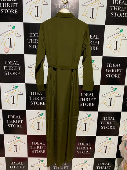 BOOHOO |L| BUST 21| A3| OLIVE GREEN SATIN UTILITY BUTTON-FRONT MAXI SHIRT DRESS