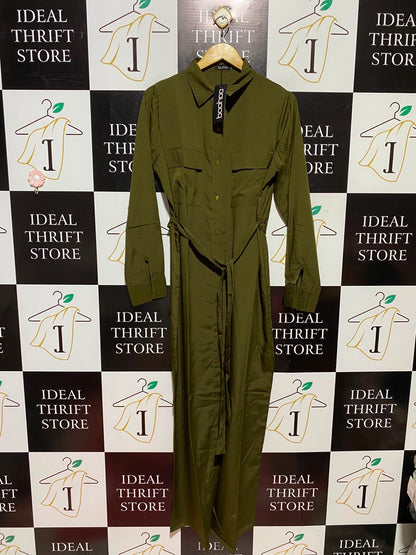 BOOHOO |L| BUST 21| A3| OLIVE GREEN SATIN UTILITY BUTTON-FRONT MAXI SHIRT DRESS