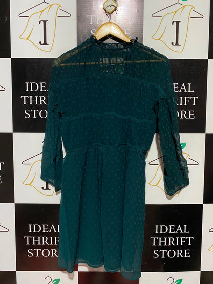 ZARA |XS| BUST 17| A3| DEEP TEAL GREEN SWISS DOT TASSEL TIE MINI DRESS