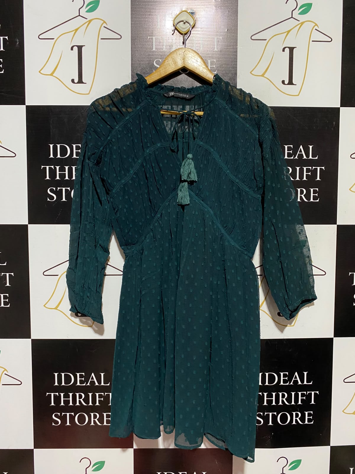 ZARA |XS| BUST 17| A3| DEEP TEAL GREEN SWISS DOT TASSEL TIE MINI DRESS