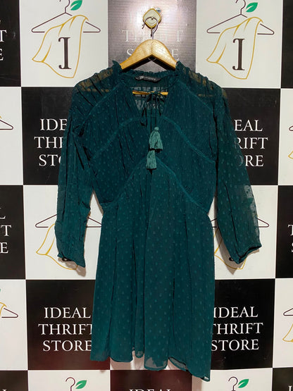 ZARA |XS| BUST 17| A3| DEEP TEAL GREEN SWISS DOT TASSEL TIE MINI DRESS