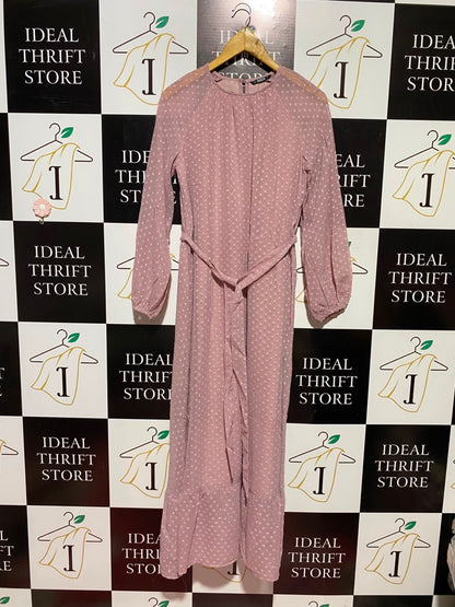 SHEIN |S| BUST 18| A3| MAUVE PINK SWISS DOT LONG SLEEVE TIE-WAIST MAXI DRESS