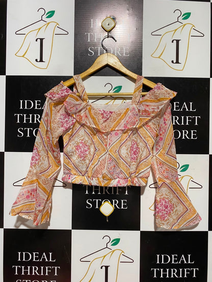 RIVER ISLAND |S| BUST 16| A3| BOHO MULTICOLOR SCARF PRINT COLD-SHOULDER FLOUNDER SLEEVE CROP TOP