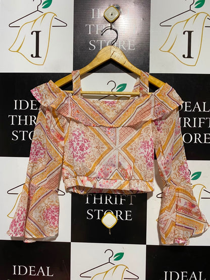 RIVER ISLAND |S| BUST 16| A3| BOHO MULTICOLOR SCARF PRINT COLD-SHOULDER FLOUNDER SLEEVE CROP TOP
