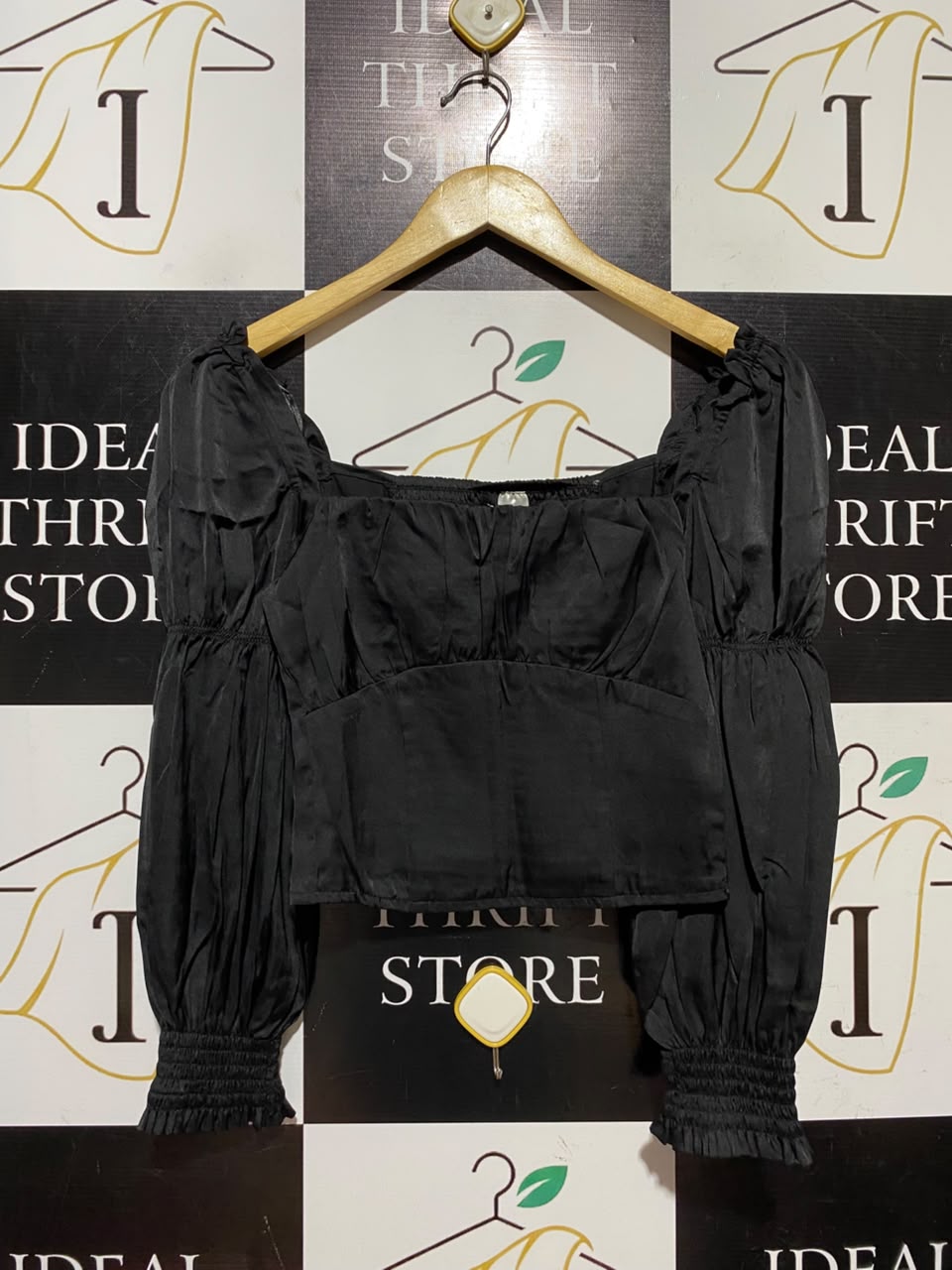 H&M DIVIDED |XS| BUST 13| A3| BLACK SATIN SQUARE NECK RUCHED BUST LONG PUFF SLEEVE BLOUSE