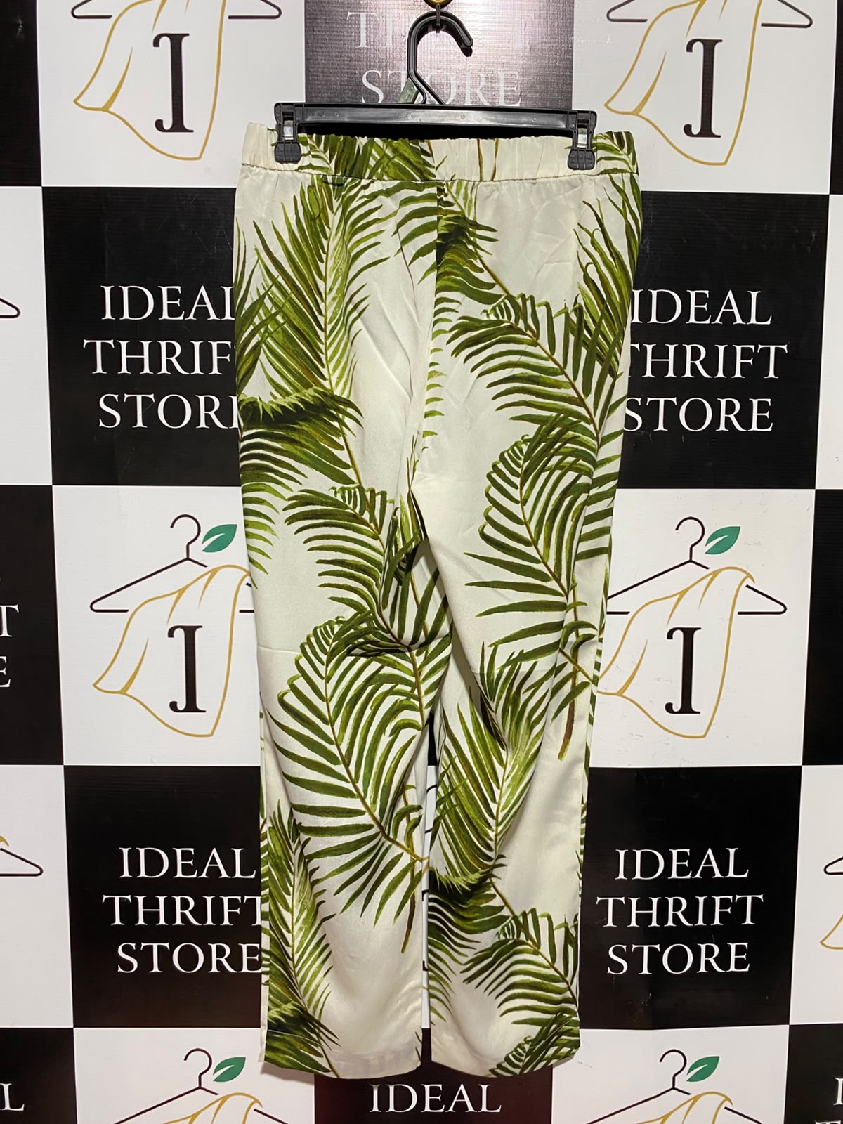 H&M |M| WAIST 28| A3| GREEN PALM LEAF PRINT ELASTIC WAIST TAPERED PANTS