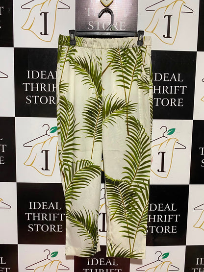 H&M |M| WAIST 28| A3| GREEN PALM LEAF PRINT ELASTIC WAIST TAPERED PANTS