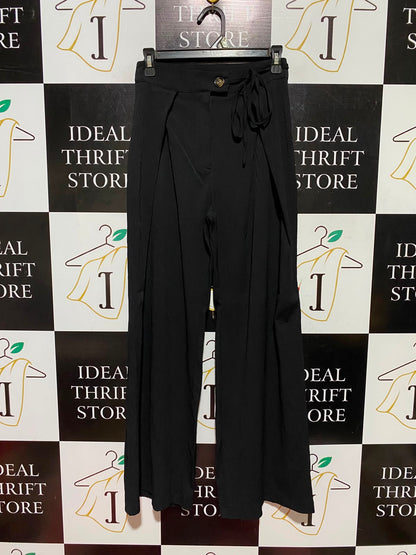 SALANT |S| WAIST 26| A3| BLACK HIGH-WAISTED WIDE-LEG TIE-FRONT OVERLAY TROUSERS