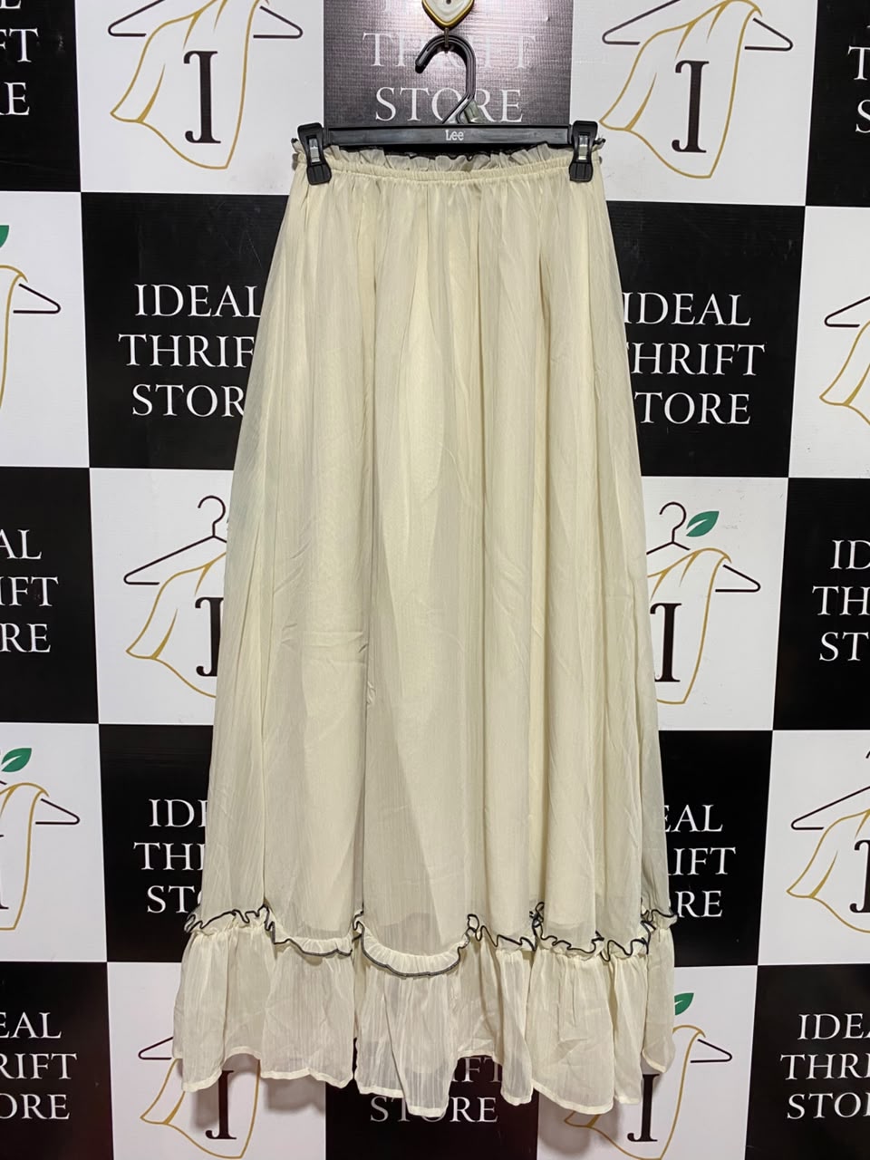 SHEIN |XS| WAIST 24| A3| CREAM ELASTIC WAIST TIERED MAXI SKIRT WITH BLACK CONTRAST RUFFLE HEM