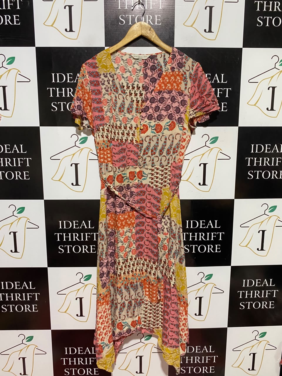 F&F |M| BUST 18| A3| MULTICOLOR BOHO FLORAL PATCHWORK V-NECK HANKY HEM MIDI DRESS WITH TIE WAIST