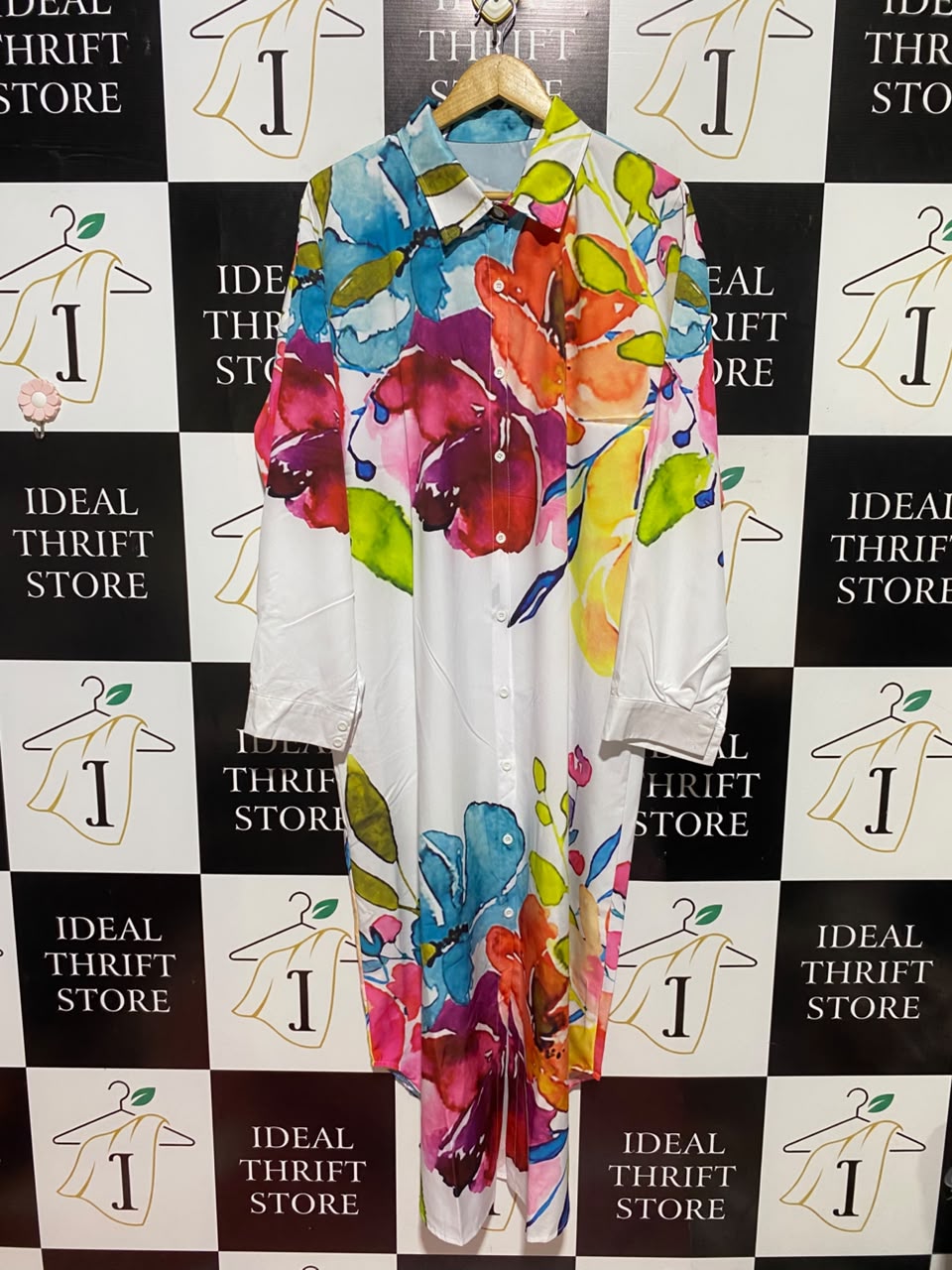 |XXL| BUST 24| A3| MULTICOLOR ABSTRACT WATERCOLOR FLORAL BUTTON-FRONT MAXI SHIRT DRESS