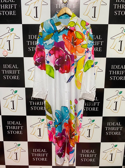 |XXL| BUST 24| A3| MULTICOLOR ABSTRACT WATERCOLOR FLORAL BUTTON-FRONT MAXI SHIRT DRESS