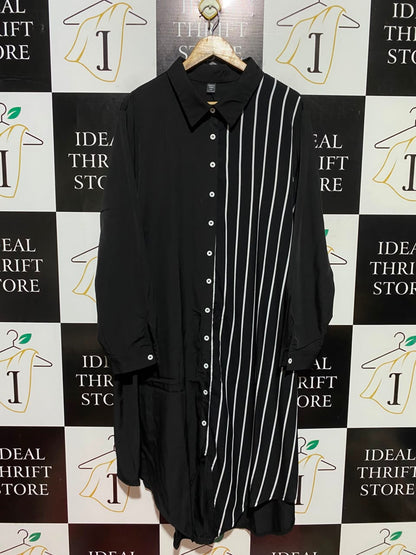 SHEIN CURVE |XXL| BUST 26| A3| BLACK ASYMMETRICAL VERTICAL STRIPE LONG SLEEVE MAXI SHIRT DRESS