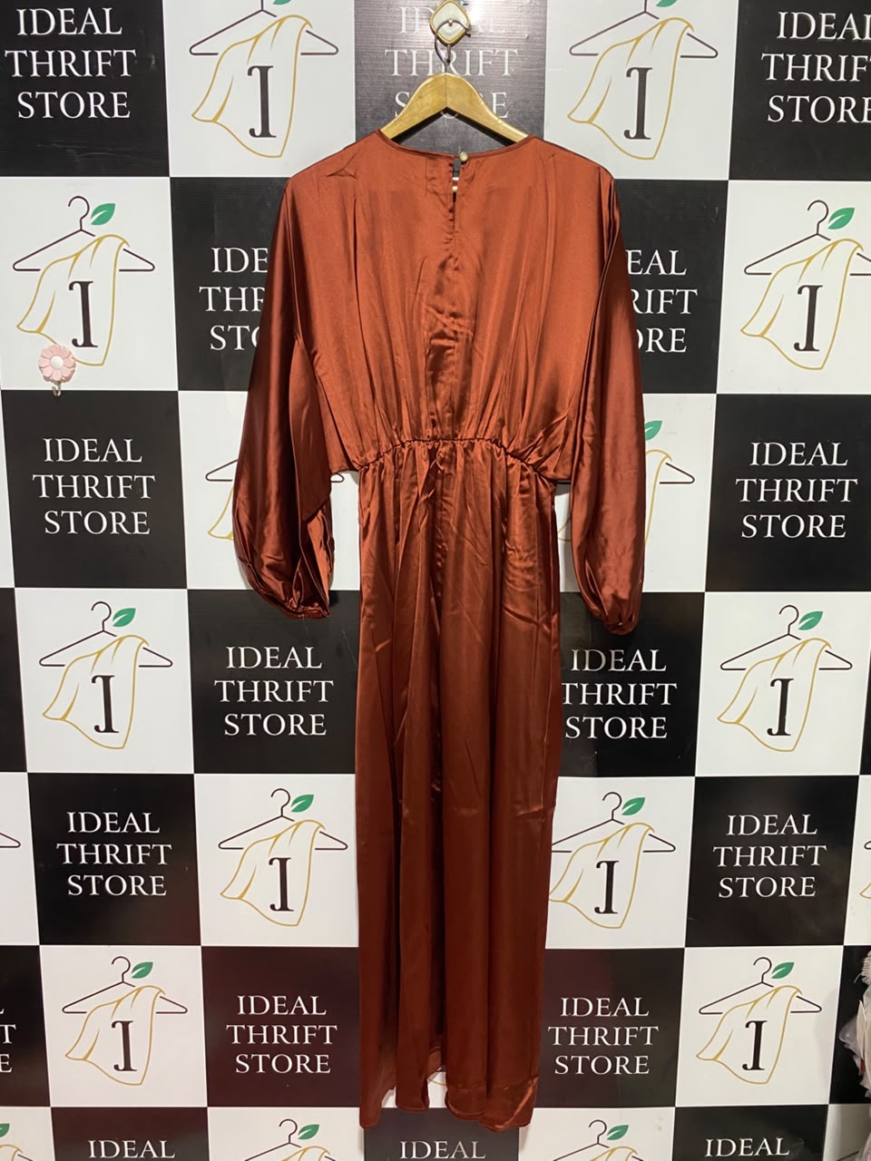 SHEIN |M| BUST FREE| A3| RUST COPPER SATIN LONG BALLOON SLEEVE MAXI DRESS