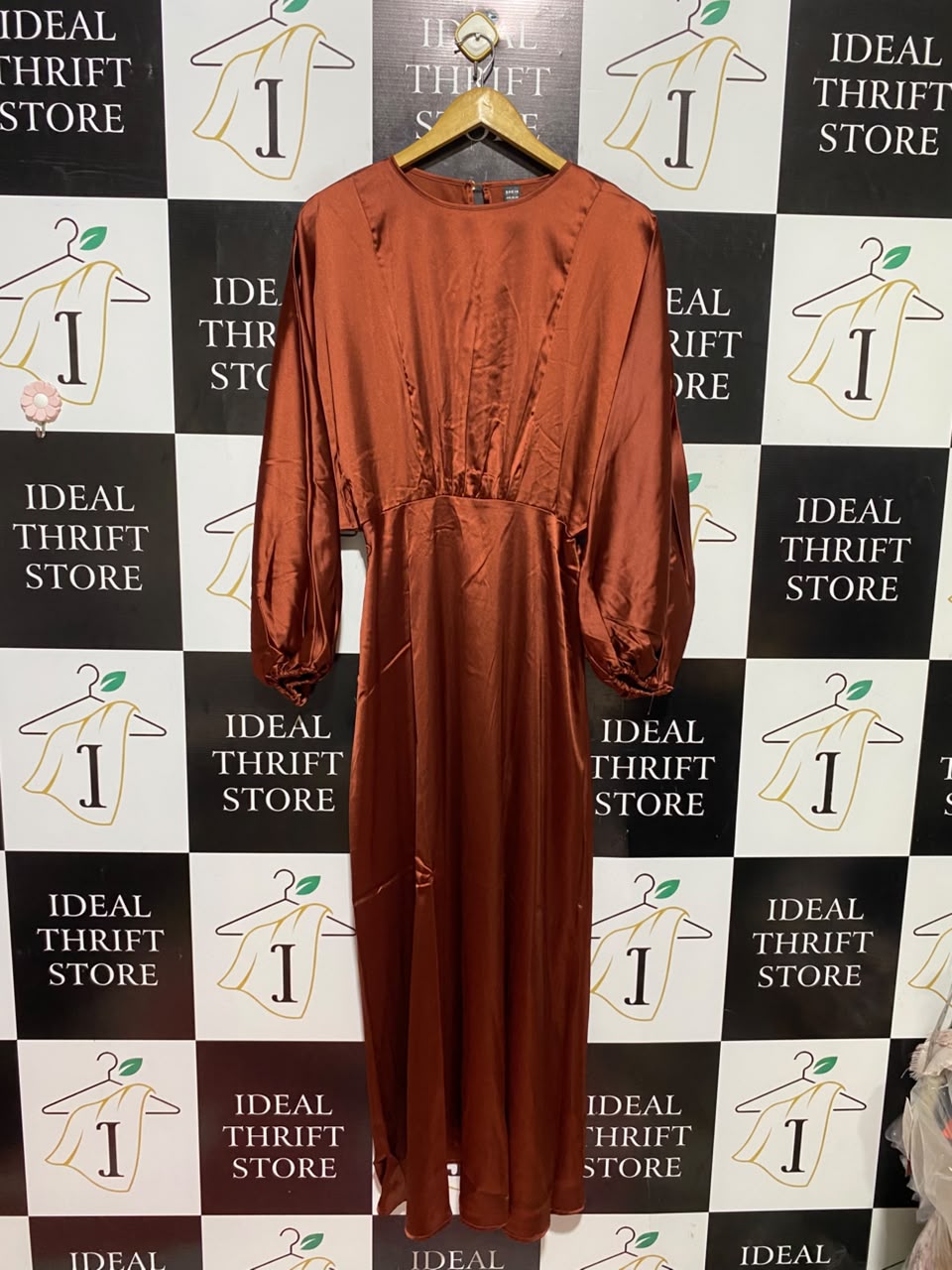 SHEIN |M| BUST FREE| A3| RUST COPPER SATIN LONG BALLOON SLEEVE MAXI DRESS