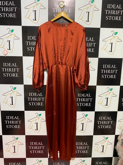 SHEIN |M| BUST FREE| A3| RUST COPPER SATIN LONG BALLOON SLEEVE MAXI DRESS