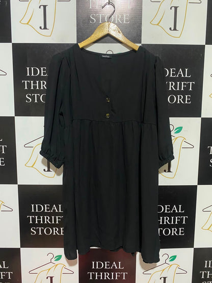 BOOHOO |L| BUST 20| A3| BLACK HIGH-WAISTED BUTTON-FRONT BABYDOLL SMOCK MINI DRESS