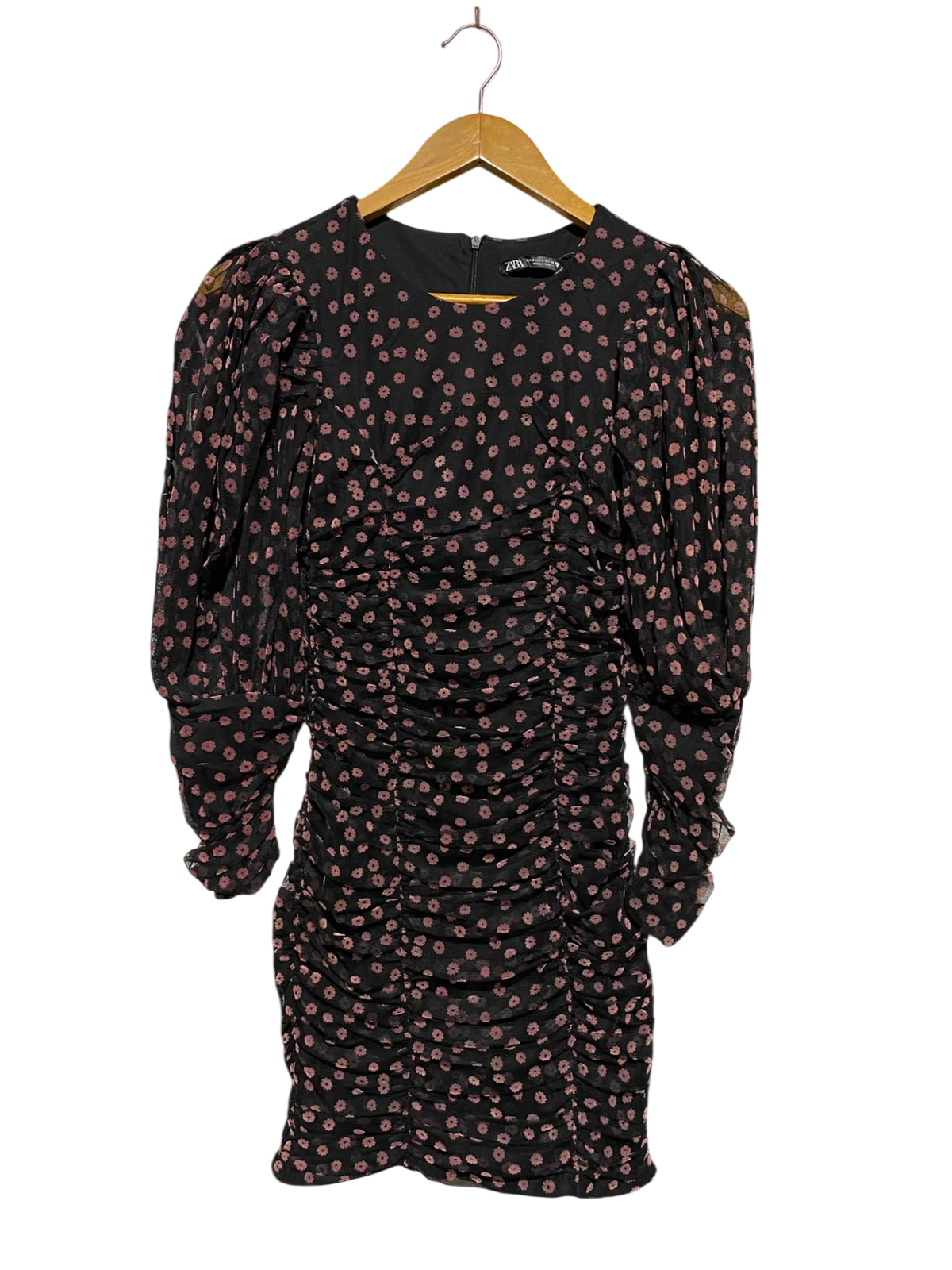 ZARA |S| BUST 14| A4| CHIC BLACK AND DUSTY PINK FLORAL RUCHED DRESS