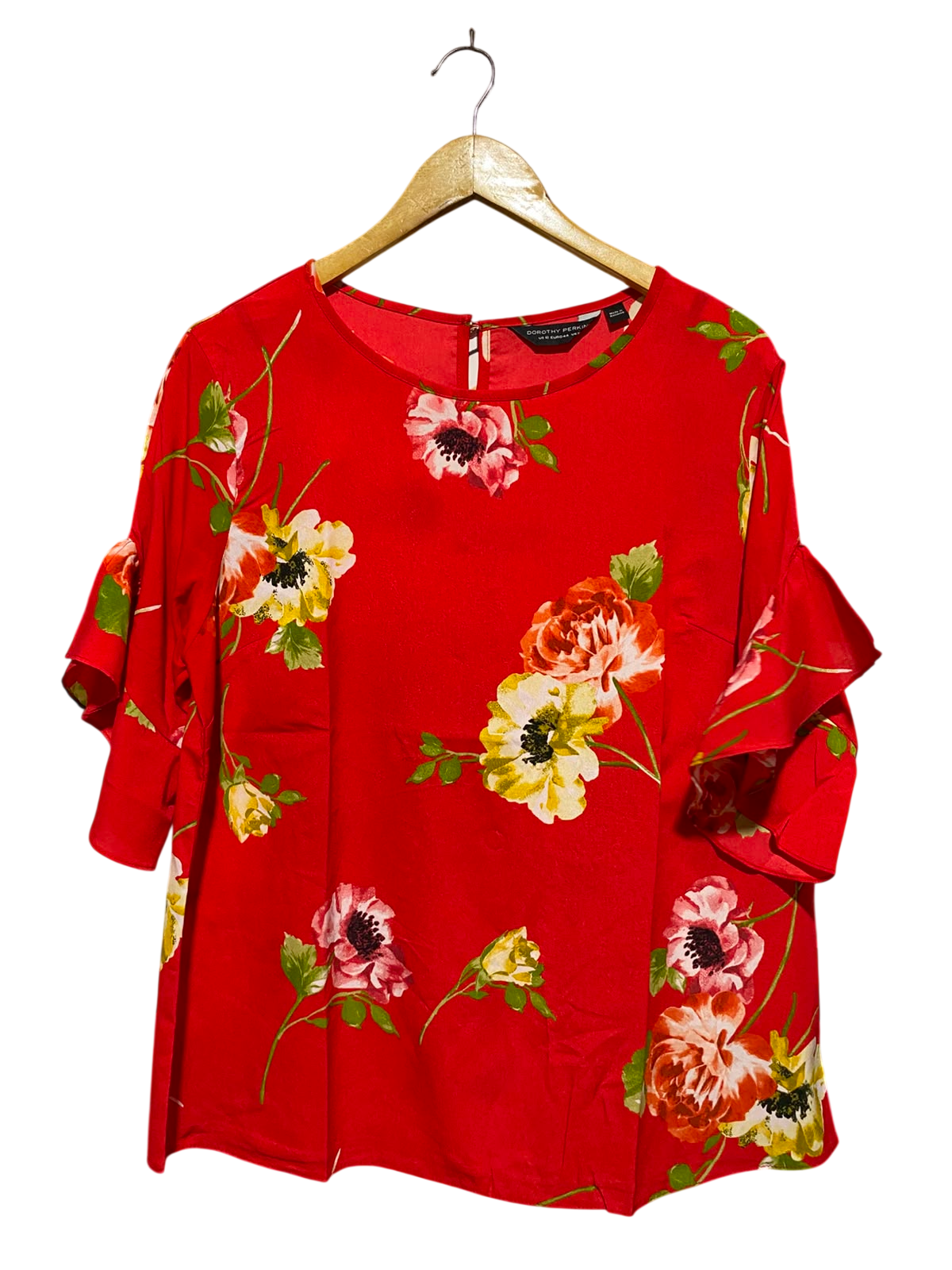 DOROTHY PERKINS |M| BUST 22| A4| VIBRANT RED FLORAL PRINT RUFFLE-SLEEVE TOP