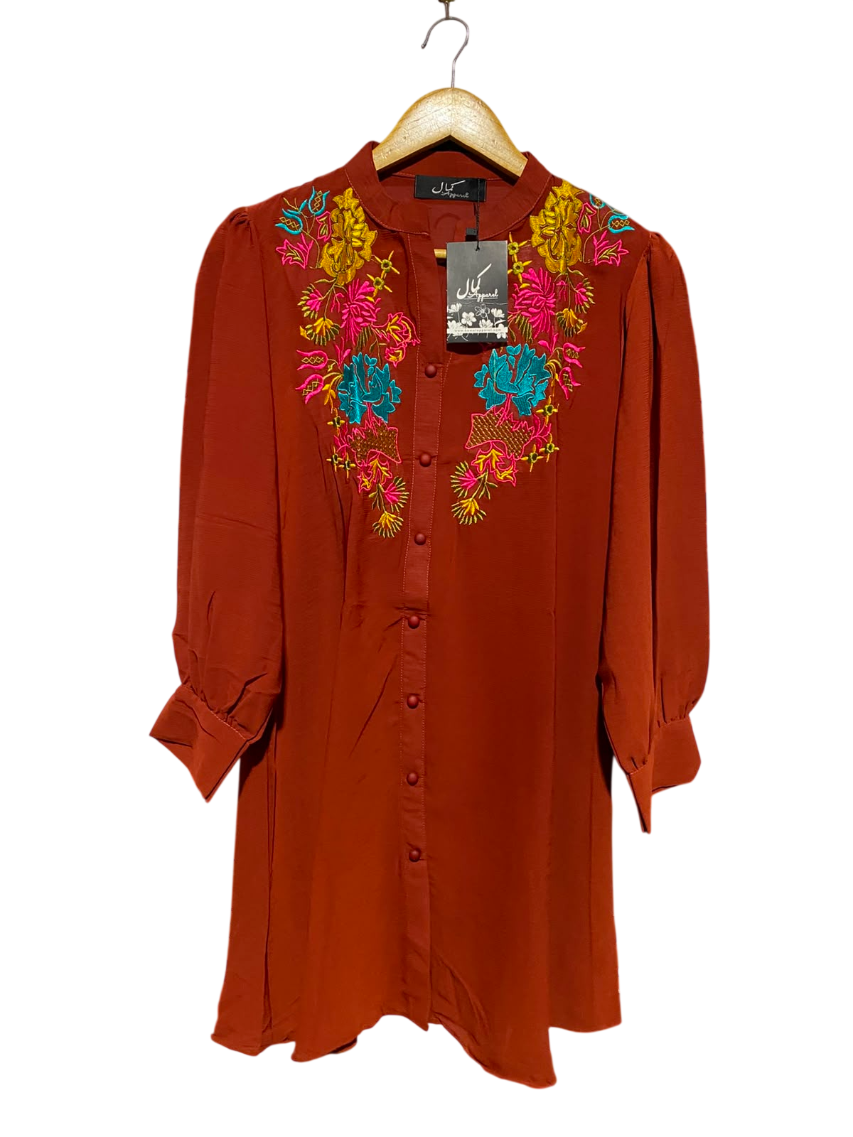 KAMAL APPAREL |M| BUST 18| A4| RUST ORANGE EMBROIDERED BUTTON-DOWN DRESS