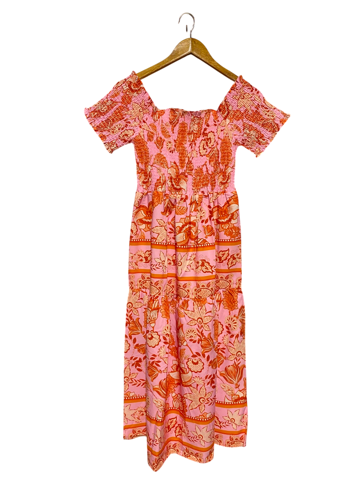 SHEIN |S| BUST 12| A4| VIBRANT PINK AND ORANGE FLORAL SMOCKED DRESS