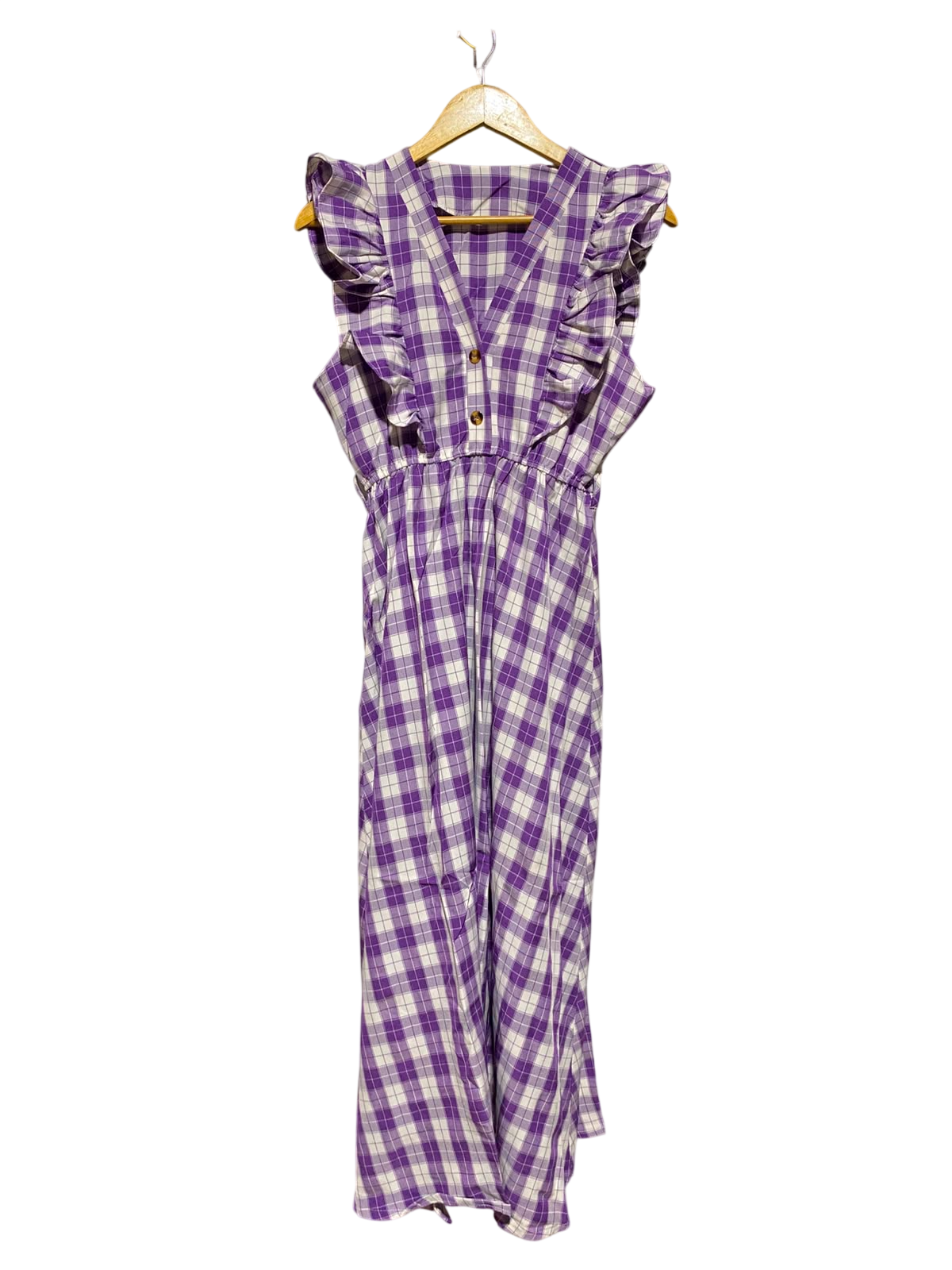 |M| BUST 18| A4| CHIC PURPLE AND WHITE PLAID RUFFLE-DETAIL DRESS