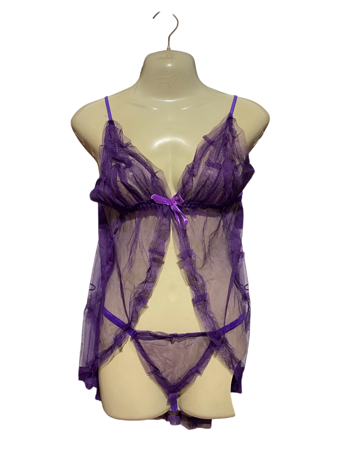 |M| A4| ROMANTIC PURPLE SHEER LACE-TRIM BABE-DOLL SET