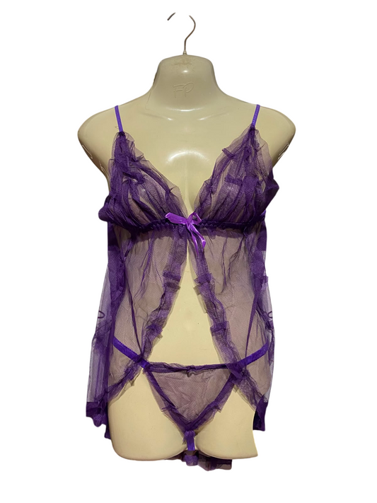 |M| A4| ROMANTIC PURPLE SHEER LACE-TRIM BABE-DOLL SET