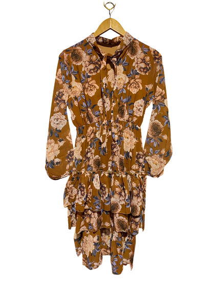 |M| BUST 16| A4| BROWN FLORAL PRINT TIERED DRESS  CHIC VINTAGE-INSPIRED LONG-SLEEVE FLORAL DRESS