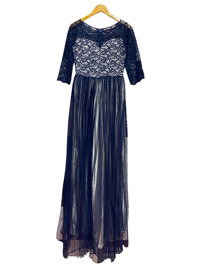 |S| BUST 16| A4| ELEGANT NAVY BLUE LACE AND TULLE MAXI GOWN  SOPHISTICATED NAVY FLORAL LACE EVENING DRESS