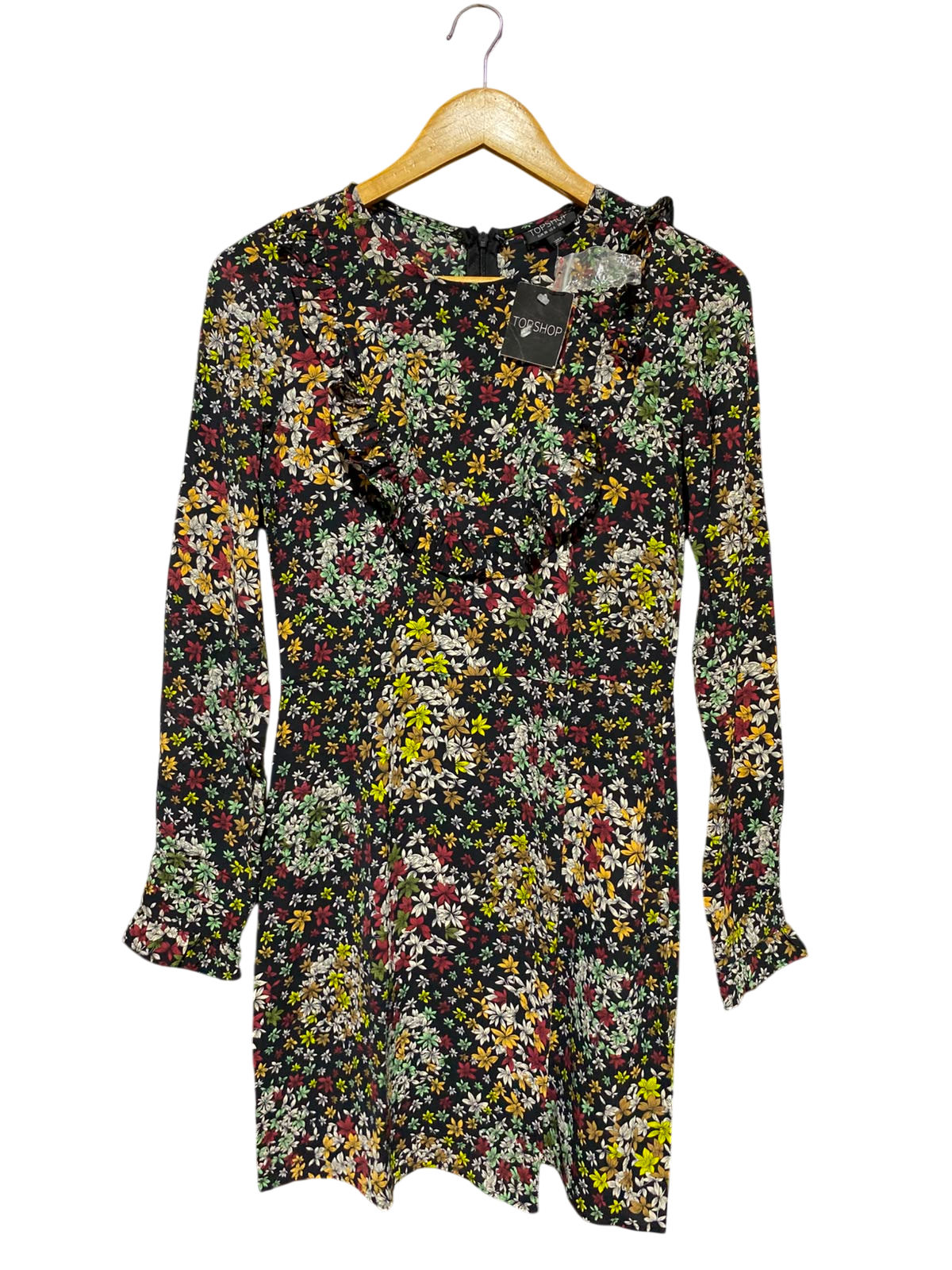 TOP SHOP |M| BUST 17| A4| BLACK FLORAL RUFFLE-DETAIL DRESS  CHIC FLORAL PRINT LONG-SLEEVE MINI DRESS