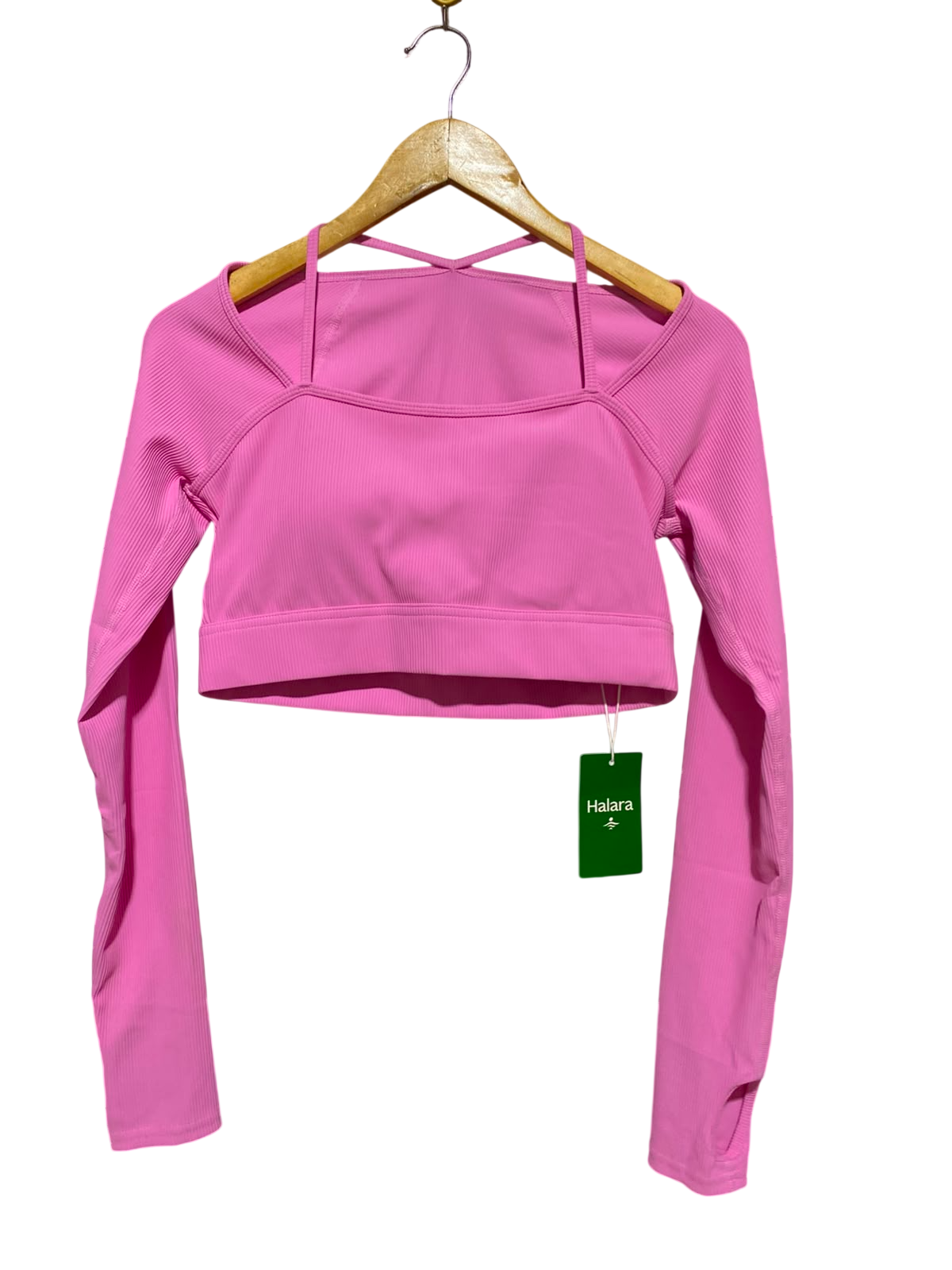 HALARA |M| BUST 15| A4| PINK RIBBED LONG-SLEEVE CROP TOP