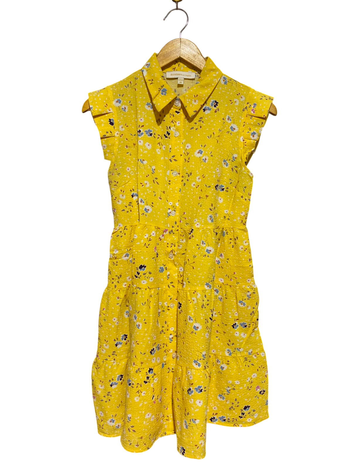 MONTEAU |XS| BUST 15| A4| BRIGHT YELLOW FLORAL PRINT TIERED SHIRT DRESS