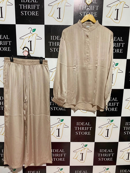 TOPPIES |L| A4| LUXE STRIPED SATIN BLOUSE AND WIDE-LEG TROUSER SET
