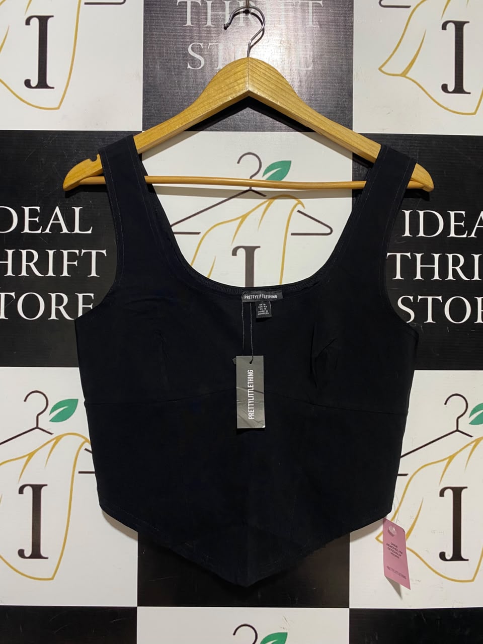 PRETTYLITTLE THING |S| BUST 16| A4| CHIC BLACK SCOOP NECK CORSET-STYLE BLOUSE
