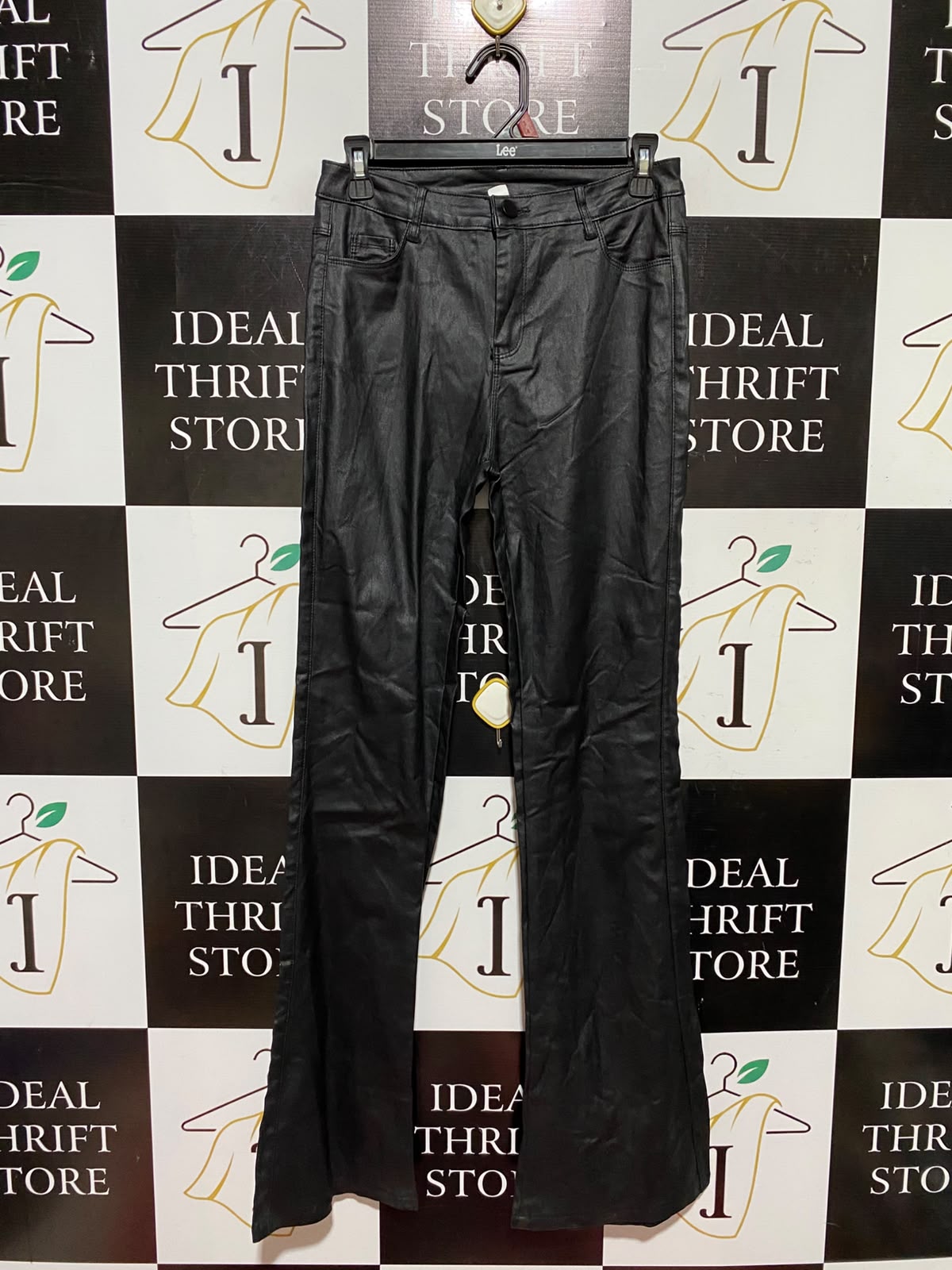 |M| WAIST 27| A4| BLACK FAUX LEATHER FLARE TROUSERS