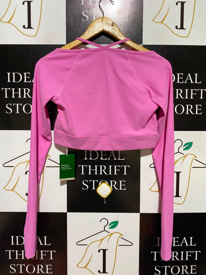 HALARA |M| BUST 15| A4| PINK RIBBED LONG-SLEEVE CROP TOP