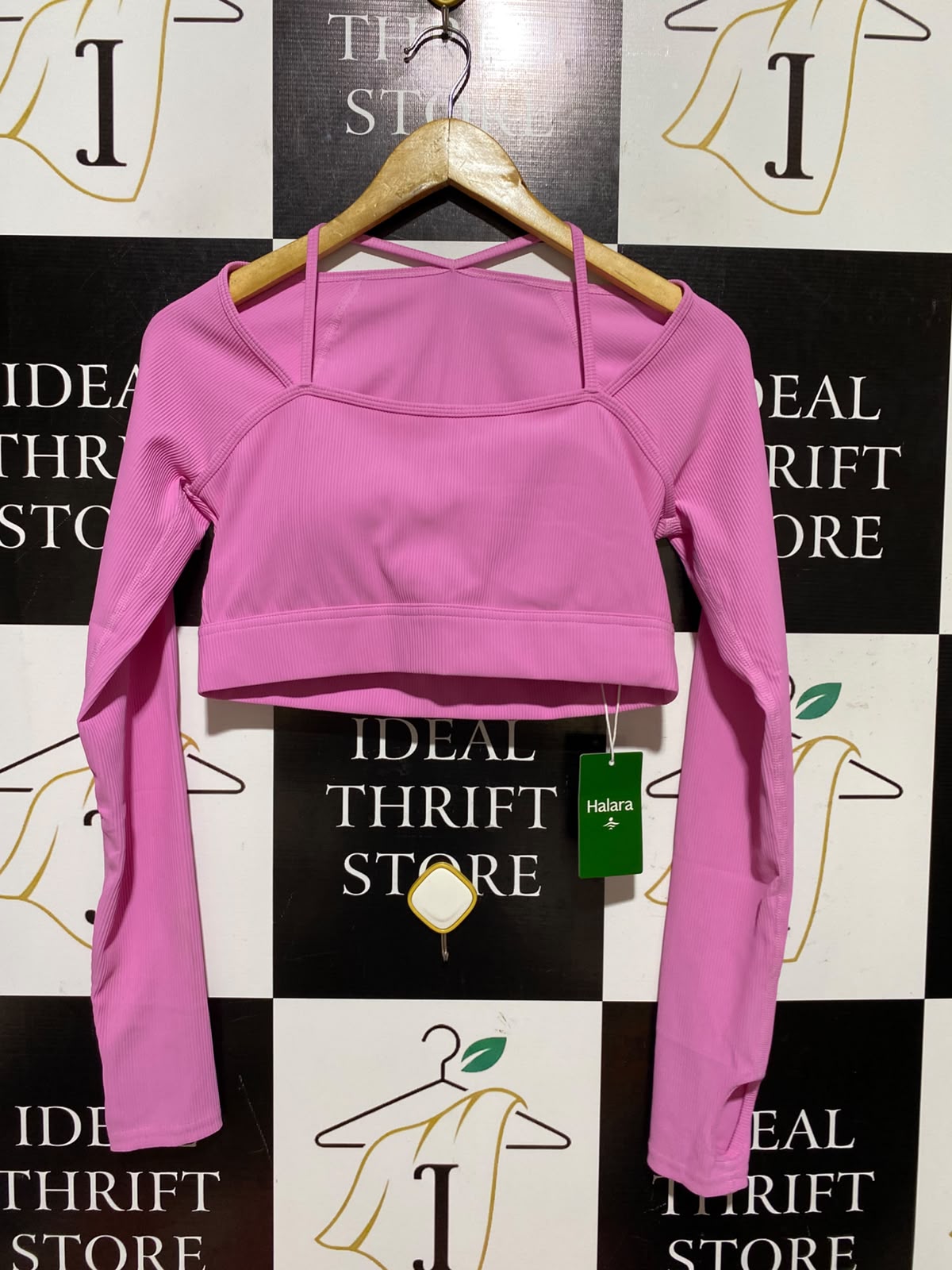 HALARA |M| BUST 15| A4| PINK RIBBED LONG-SLEEVE CROP TOP