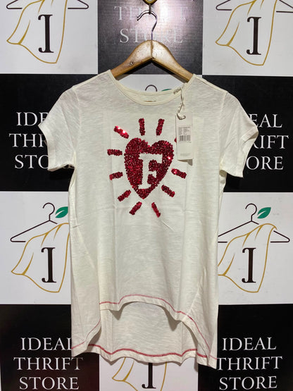 FRENCH CONNECTION |XS| BUST 17| A4| CASUAL WHITE TOP WITH RED SEQUIN HEART MOTIF