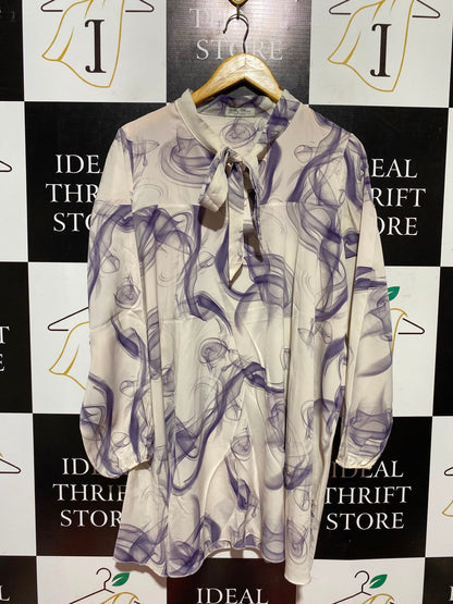 BILLY MAX |L| BUST 21| A4| ELEGANT PURPLE SMOKE-PRINT TIE-NECK BLOUSE