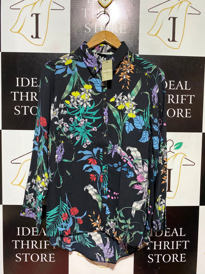 GEORGE |L| BUST 20| A4| CHIC BLACK FLORAL BUTTON-DOWN TOP