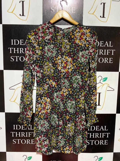 TOP SHOP |M| BUST 17| A4| BLACK FLORAL RUFFLE-DETAIL DRESS  CHIC FLORAL PRINT LONG-SLEEVE MINI DRESS