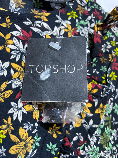 TOP SHOP |M| BUST 17| A4| BLACK FLORAL RUFFLE-DETAIL DRESS  CHIC FLORAL PRINT LONG-SLEEVE MINI DRESS