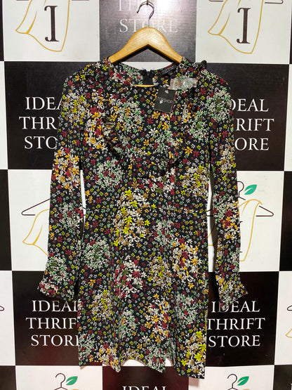 TOP SHOP |M| BUST 17| A4| BLACK FLORAL RUFFLE-DETAIL DRESS  CHIC FLORAL PRINT LONG-SLEEVE MINI DRESS