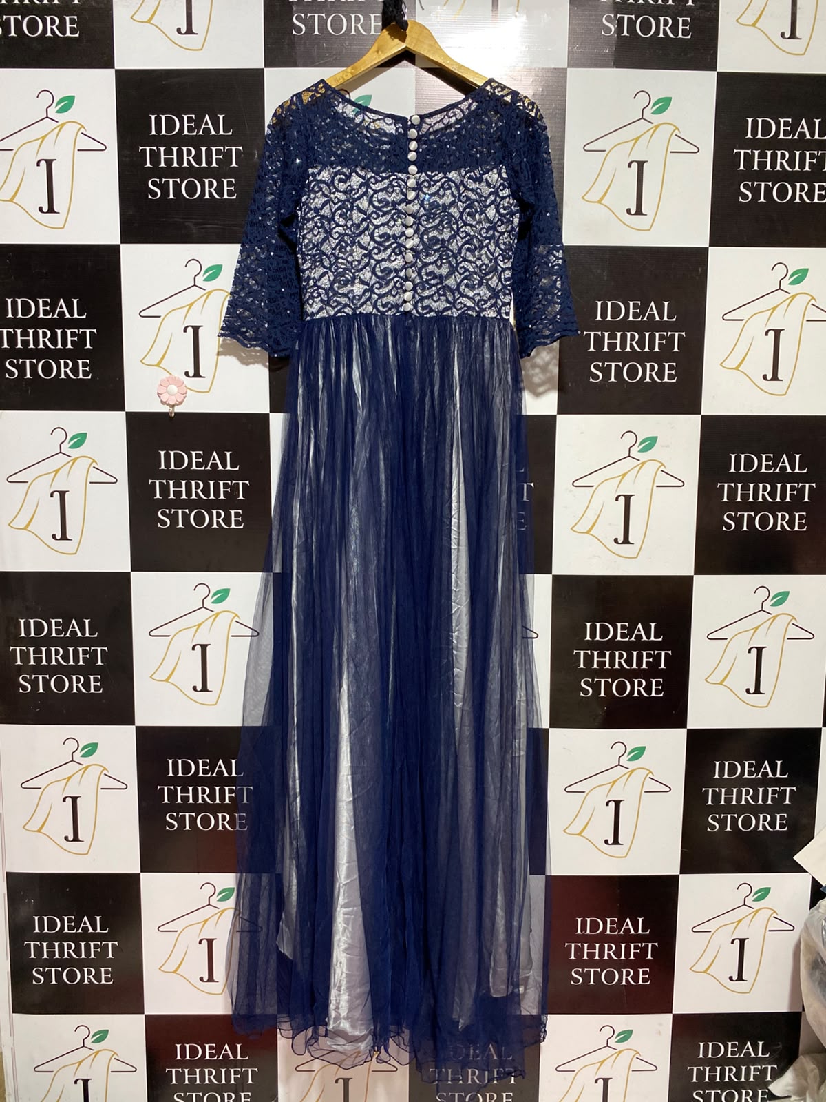 |S| BUST 16| A4| ELEGANT NAVY BLUE LACE AND TULLE MAXI GOWN  SOPHISTICATED NAVY FLORAL LACE EVENING DRESS