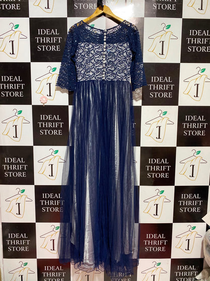 |S| BUST 16| A4| ELEGANT NAVY BLUE LACE AND TULLE MAXI GOWN  SOPHISTICATED NAVY FLORAL LACE EVENING DRESS