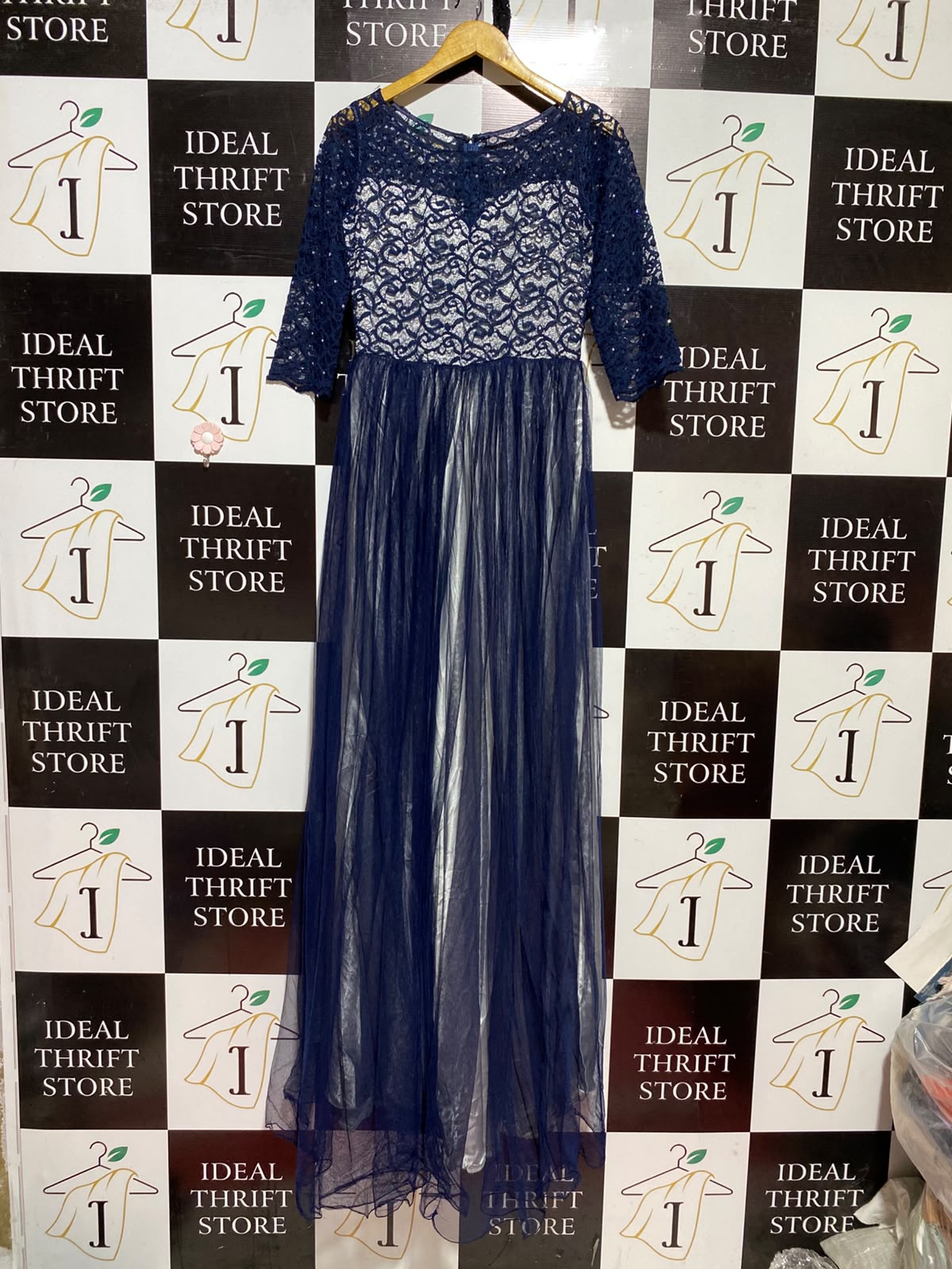 |S| BUST 16| A4| ELEGANT NAVY BLUE LACE AND TULLE MAXI GOWN  SOPHISTICATED NAVY FLORAL LACE EVENING DRESS