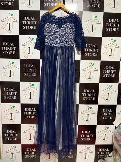 |S| BUST 16| A4| ELEGANT NAVY BLUE LACE AND TULLE MAXI GOWN  SOPHISTICATED NAVY FLORAL LACE EVENING DRESS
